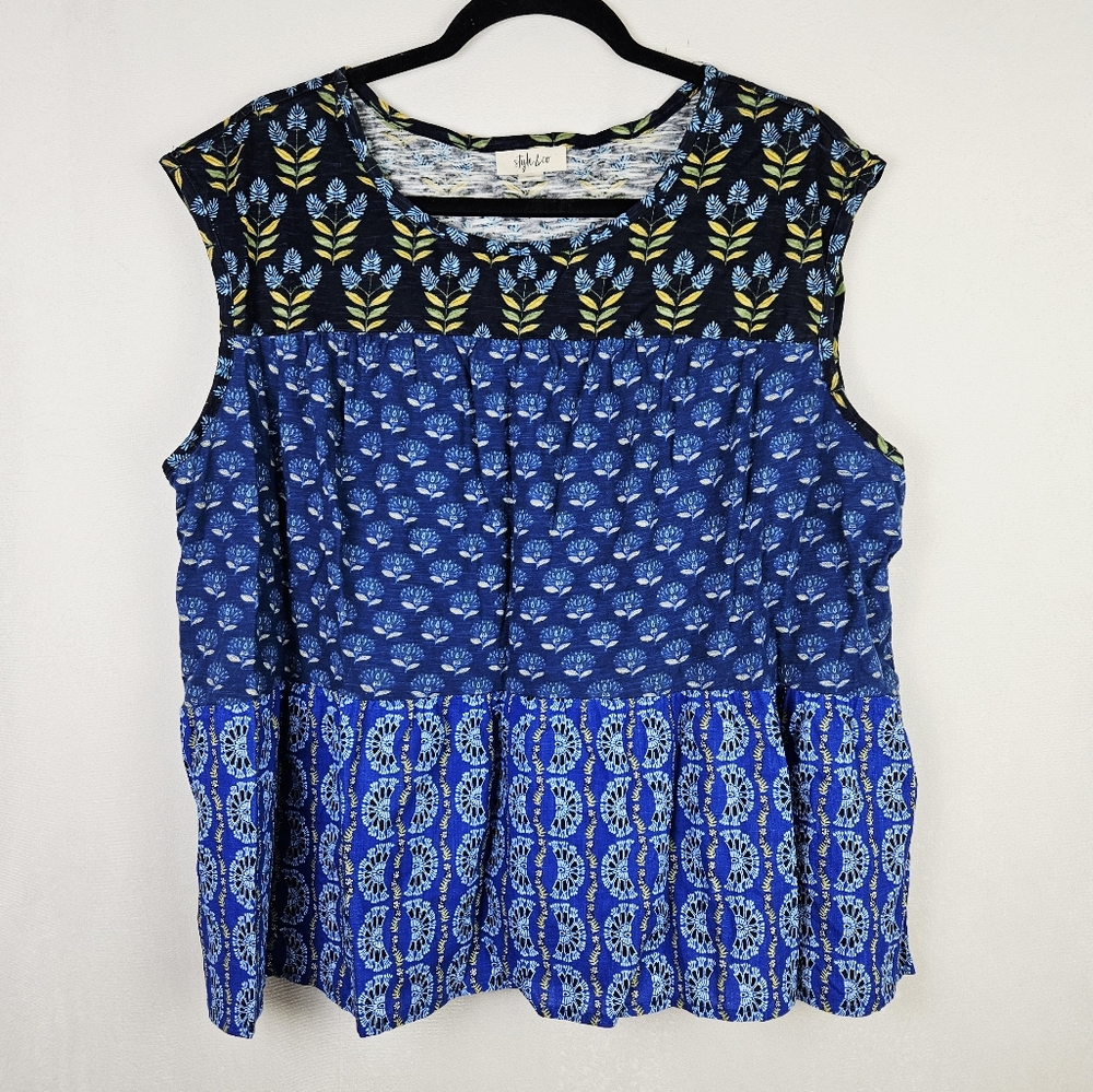 Style & Co. Blue and Yellow Boxy Relaxed Tiered Peasant Boho Blouse 2X
